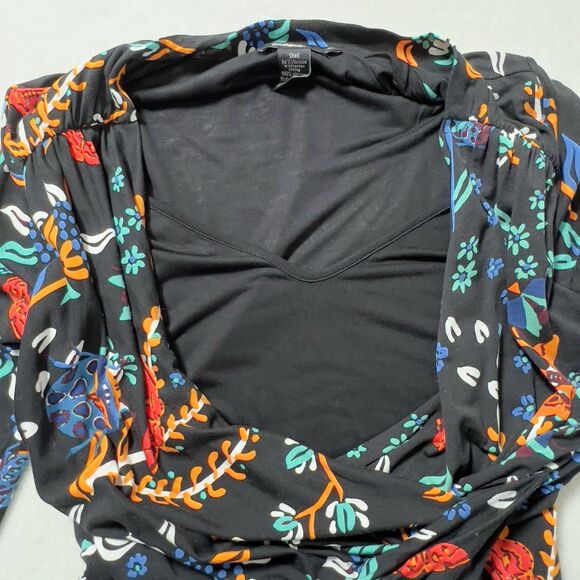 Desigual Bridie Jersey Hi Low Faux Wrap Dress Sz XL Black Floral Long Sleeve - Picture 8 of 14